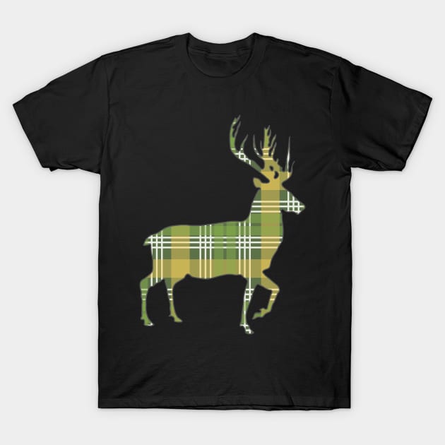 Green, Yellow and White Tartan Scottish Stag Silhouette T-Shirt by MacPean